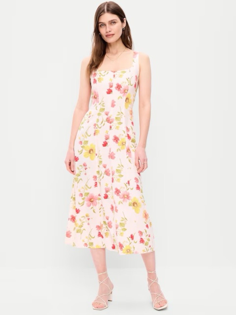 Old Navy Floral Square-Neck Midi Dress in Light Pink